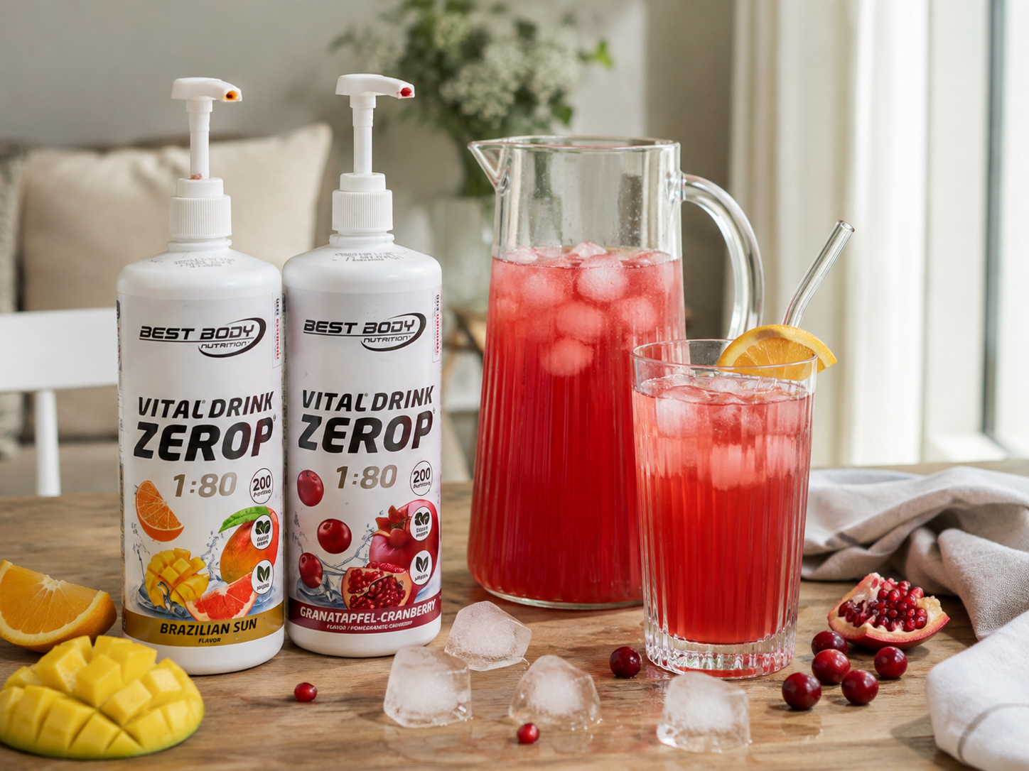 ZEROP Vital Drink Sirup mit Getränk auf einem Campingtisch vor einem Wohnwagen